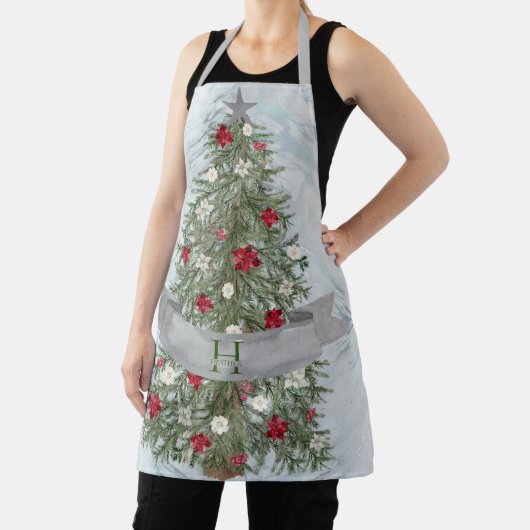 Monogram Silver Marble Watercolor Weihnachtsbaum Schürze (InSitu)