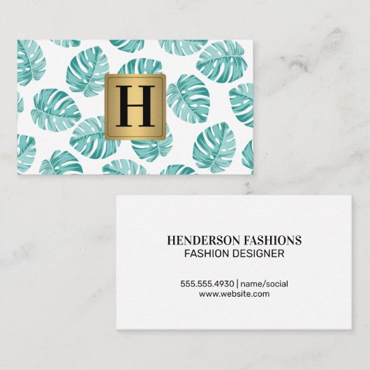 Monogram, Silver Metallic / Monstera Leaf Muster Visitenkarte (Vorne/Hinten)
