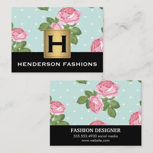 Monogram, Silver Metallic / Rose und Polka Dots Visitenkarte (Vorne/Hinten)