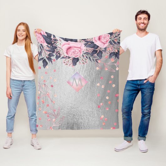 Monogram Silver Navy Rosegold Girly Newlyweds Gesc Fleecedecke (Beispiel)