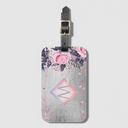 Monogram Silver Navy Rosegold Girly Newlyweds Gesc Gepäckanhänger (Vorderseite Vertikal)