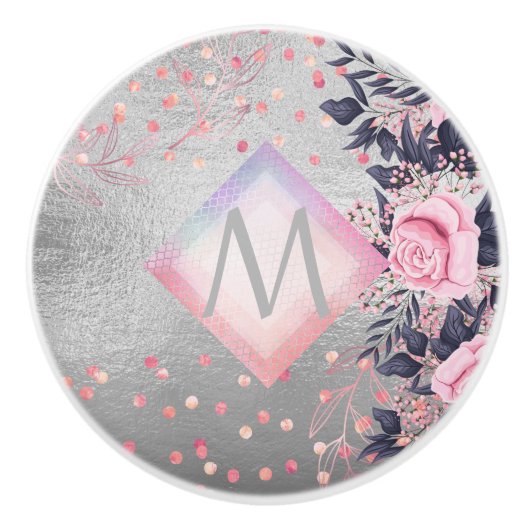 Monogram Silver Navy Rosegold Girly Newlyweds Gesc Keramikknauf (Vorderseite)