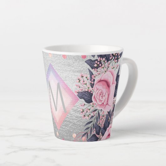 Monogram Silver Navy Rosegold Girly Newlyweds Gesc Milchtasse (Rechte Ecke)