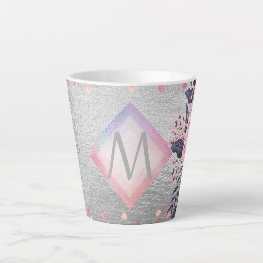 Monogram Silver Navy Rosegold Girly Newlyweds Gesc Milchtasse (Vorderseite)