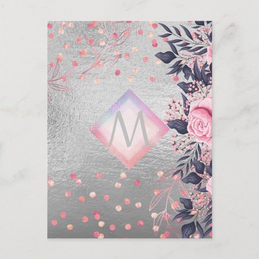 Monogram Silver Navy Rosegold Girly Newlyweds Gesc Postkarte (Vorderseite)