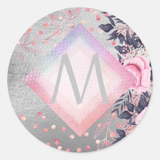 Monogram Silver Navy Rosegold Girly Newlyweds Gesc Runder Aufkleber (Vorderseite)
