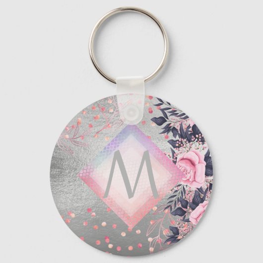 Monogram Silver Navy Rosegold Girly Newlyweds Gesc Schlüsselanhänger (Vorderseite)