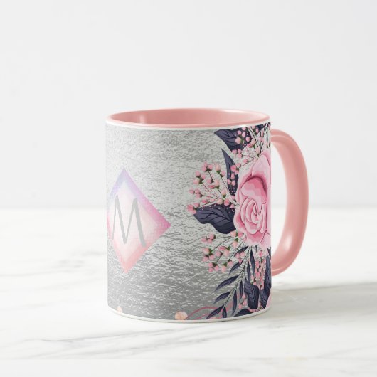 Monogram Silver Navy Rosegold Girly Newlyweds Gesc Tasse (VorderseiteRechts)