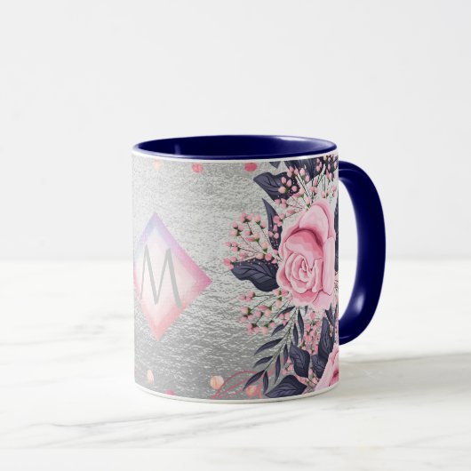 Monogram Silver Navy Rosegold Girly Newlyweds Gesc Tasse (VorderseiteRechts)
