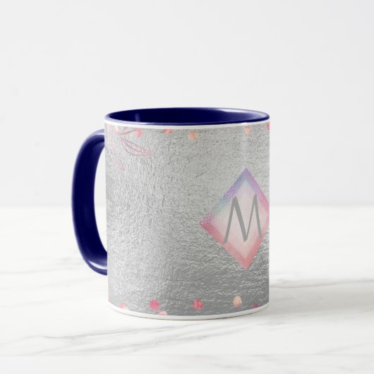 Monogram Silver Navy Rosegold Girly Newlyweds Gesc Tasse (Vorderseite Links)