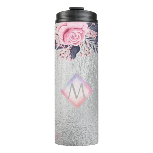 Monogram Silver Navy Rosegold Girly Newlyweds Gesc Thermosbecher (Vorderseite)