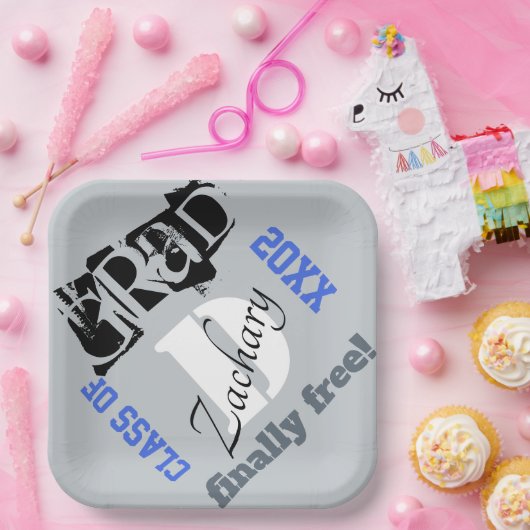 Monogram Silver Royal Blue Abschluss Year Pappteller (Party)