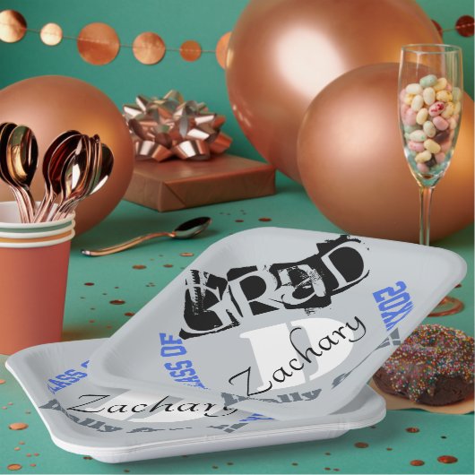 Monogram Silver Royal Blue Abschluss Year Pappteller (Multi)