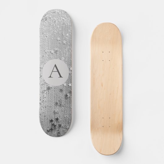Monogram Silver Stardust Glitzer auf Silver Burlap Skateboard (Vorderseite)