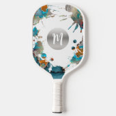 Monogram Silver Turquoise Orange Abstrakter Spritz Pickleball Schläger (Rückseite)