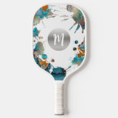 Monogram Silver Turquoise Orange Abstrakter Spritz Pickleball Schläger (Vorderseite)