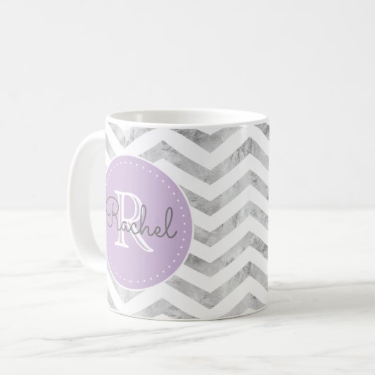Monogram Silver Zickzack Pattern Lavendel Lila Kaffeetasse (Vorderseite Links)