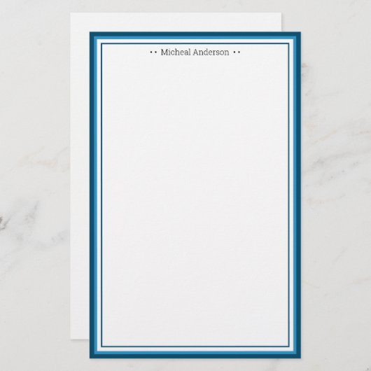 Monogram Simple Blue Border Classic Personalisiert Briefpapier (Vorne/Hinten)