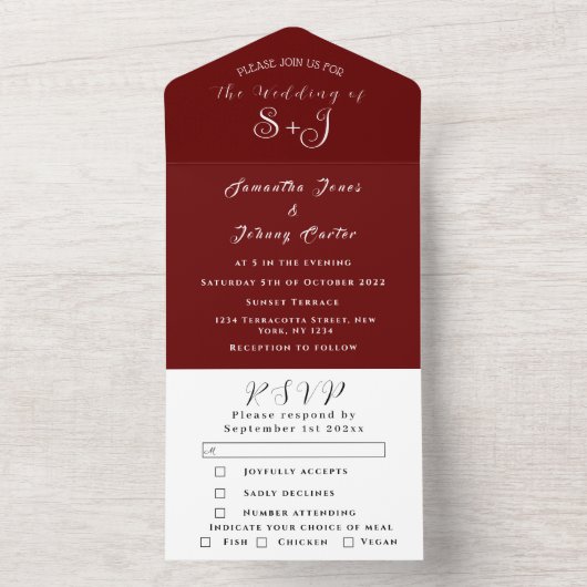 Monogram Simple Burgundy Calligraphy Wedding All In One Einladung (Innen Boden)