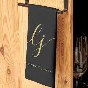 Monogram Simple Elegance Calligraphy Black Gold Geschirrtuch