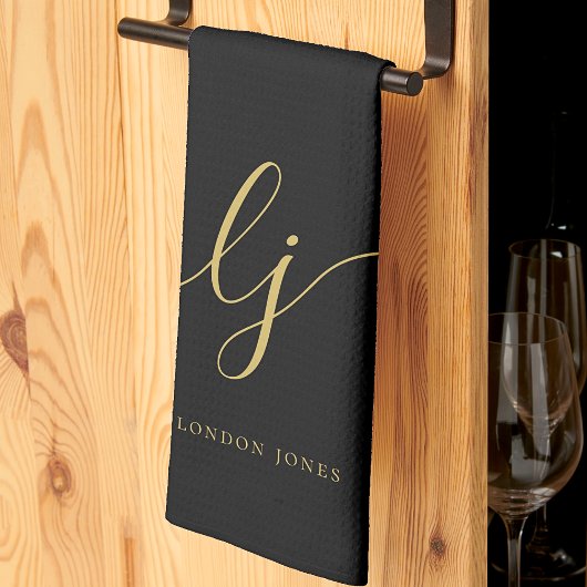 Monogram Simple Elegance Calligraphy Black Gold Geschirrtuch