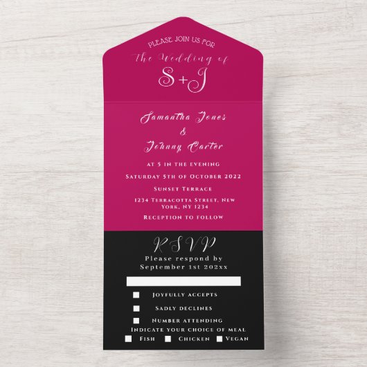 Monogram Simple Magenta Fuchsia Black Wedding All All In One Einladung (Innen Boden)