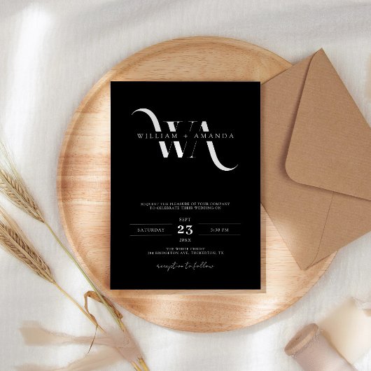 Monogram Simple Minimal Black Wedding Einladung