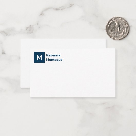 Monogram Simple Prussian Blue Personalized Script  Mitteilungskarte (Vorderseite/Rückseite Beispiel)