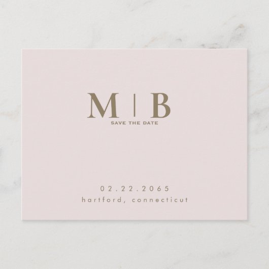 Monogram Simple Sleek Blush Save the Date Postkarte (Vorderseite)