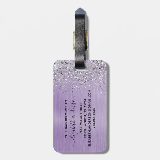 Monogram-Skript für lila gebürsteten Glitzer Gepäckanhänger (Rückseite vertikal)
