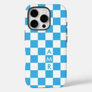 Monogram Sky Blue White Checkered Pattern iPhone 16 Pro Hülle