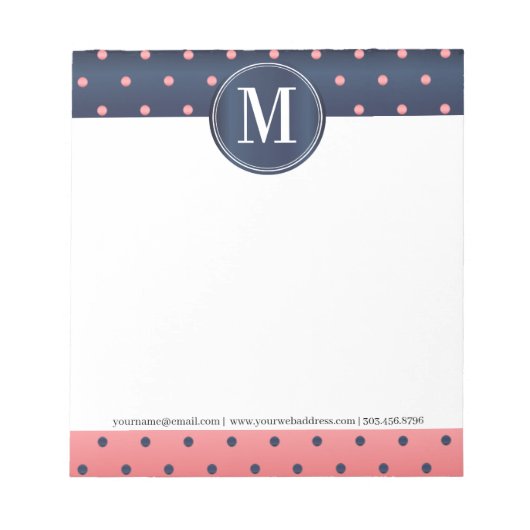 Monogram Slate Blue und Coral Polka Dots Notizblock (Vorderseite)