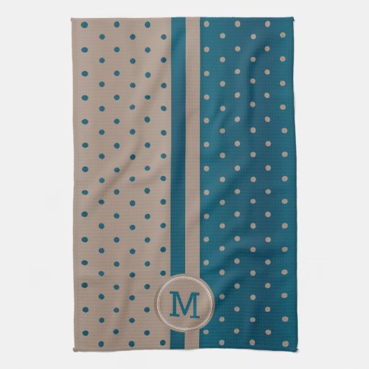 Monogram Slate Blue und Tan Polka Dot Geschirrtuch (Vertikal)