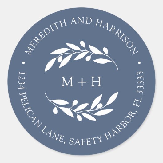 Monogram Slate Blue Wedding Rücksendeadresse Runder Aufkleber (Vorderseite)