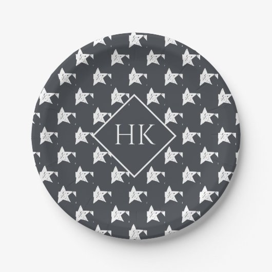 Monogram Slate Gray Charchoal White Star Muster Pappteller (Vorderseite)