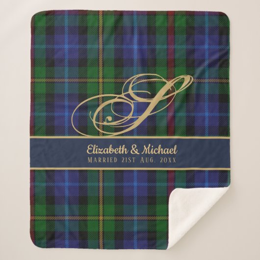 Monogram Smith Tartan Blue Green Gold Newlyweds Sherpadecke (Vorderseite)