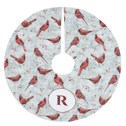 Monogram Snowy Pine Branches Kardinal Weihnachten Polyester Weihnachtsbaumdecke (Vorderseite)