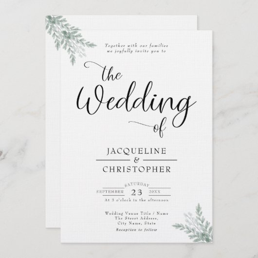 Monogram Soft White Eucalyptus Wedding Einladung (Vorne/Hinten)