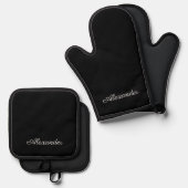 Monogram Solid Schlicht Black Template Weiße Schri Ofenhandschuh & Topflappen-Set (Vorderseite/Rückseite)