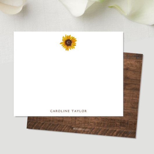 Monogram Sonnenblume Rustikales Dunkles Holz Perso Mitteilungskarte