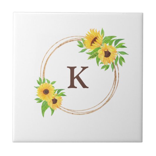 Monogram Sonnenblumen Gold Frame Green Blätter Rus Fliese (Vorderseite)