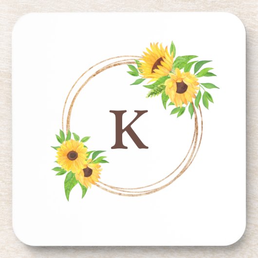 Monogram Sonnenblumen Gold Frame Green Blätter Rus Getränkeuntersetzer (Vorderseite)