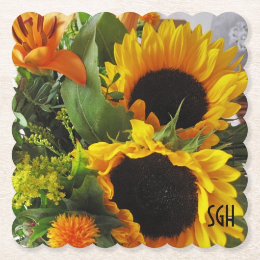 Monogram Sonnenblumen Print Scallop Paper Unterset Untersetzer (Vorderseite)