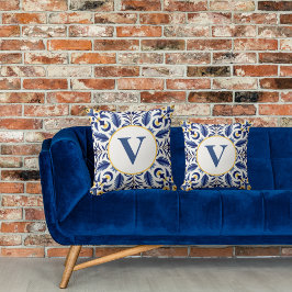 Monogram Spanish Blue Blume Yellow Lemons Kissen