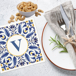 Monogram Spanish Blue Blume Yellow Lemons Serviette