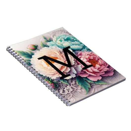 Monogram Spitzenbläserblütenpink-Orangenblauer Notizblock (Rechte Seite)