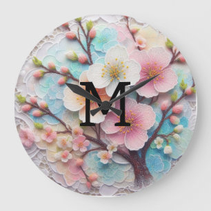 Monogram Spitzenblüte Rosa Blütenpastellblüte Große Wanduhr