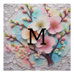 Monogram Spitzenblüte Rosa Blütenpastellblüte Poster