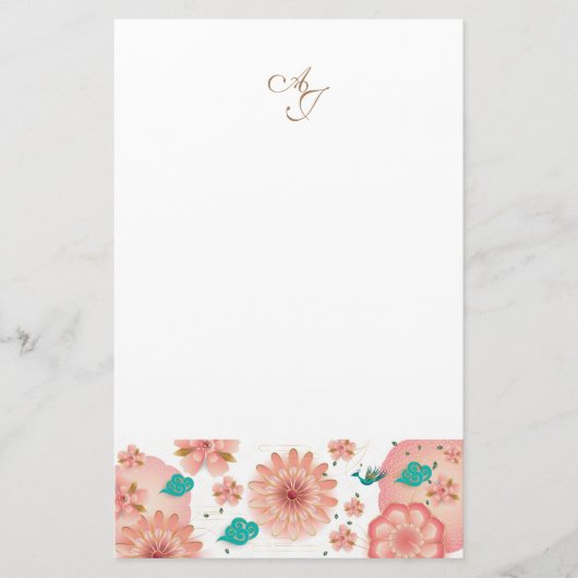 Monogram Spring Peach Blume Garden Decor Custom Briefpapier (Vorderseite)