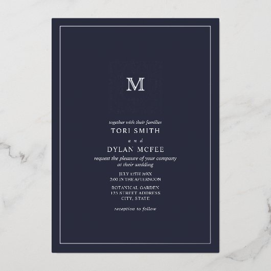 Monogram Square Dark Blue Wedding Foil Einladung (Vorderseite)